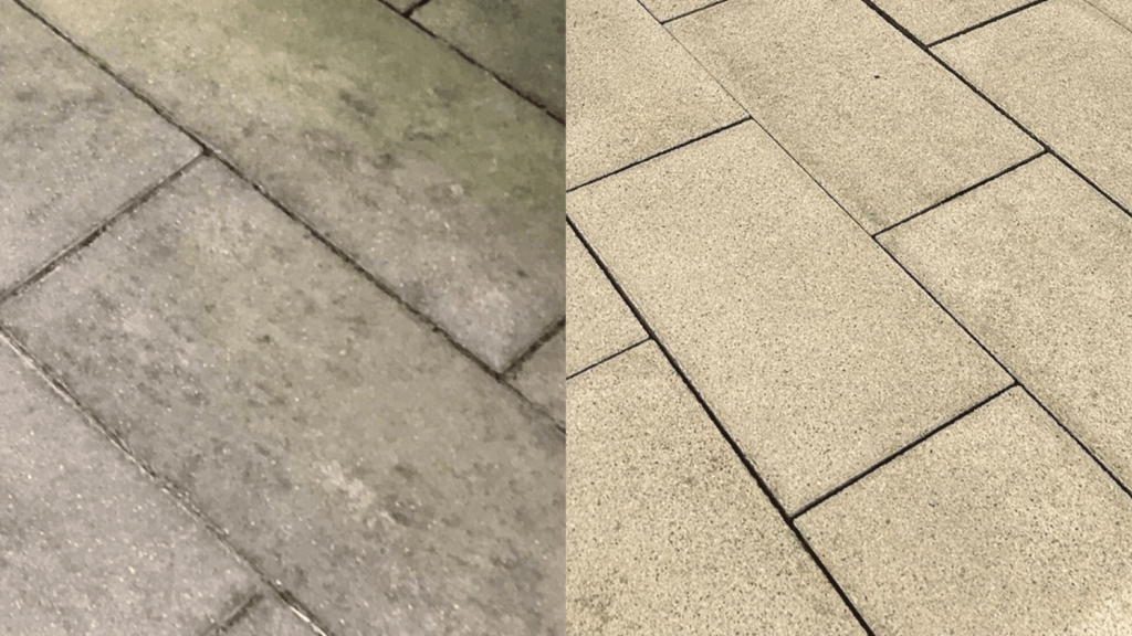Vorher und Nachher Vergleich von Steinfliesen nach der professionellen Steinreinigung von GS Clean in Krefeld